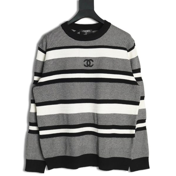 Chanel Double CC Logo Embroidered Striped Knitted Pullover