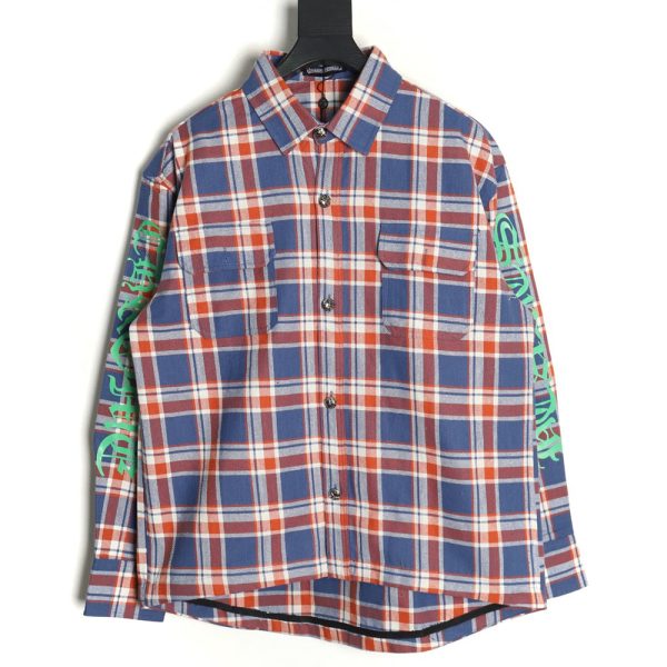 Chrome Hearts Striped Plaid Stitching Silver Button Cardigan Shirt TSK1