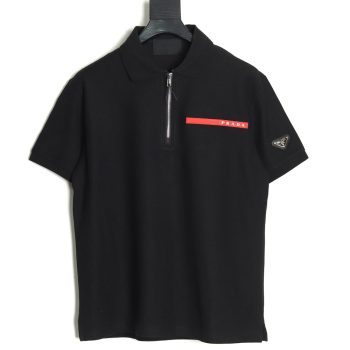 Prada Red Stripe Triangle Half Zip Short Sleeve POLO Shirt
