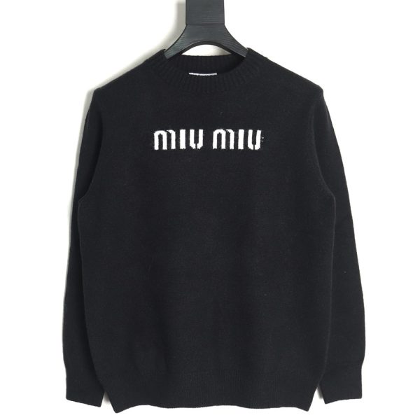 Miu Miu Lettering Jacquard Long Sleeve Crewneck Sweater