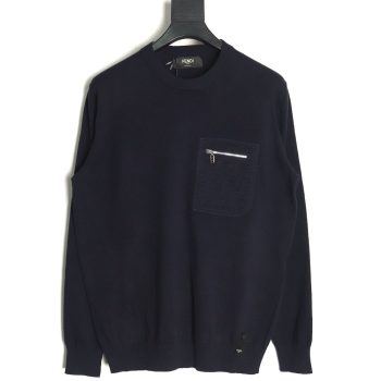 Fendi Embossed Pocket Navy Crew Neck Sweater