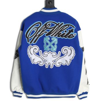 Off-White blue and white patchwork baseball jacket
