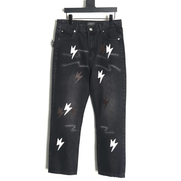 Amexnocap leather label lightning bolt denim trousers TSK2