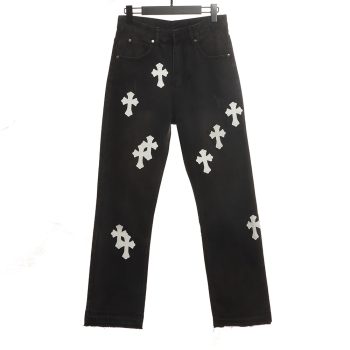 Chrome Hearts patchwork leather cross denim trousers