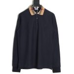 Burberry Check Lapel Long Sleeve Polo Shirt Navy