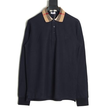 Burberry Check Lapel Long Sleeve Polo Shirt Navy