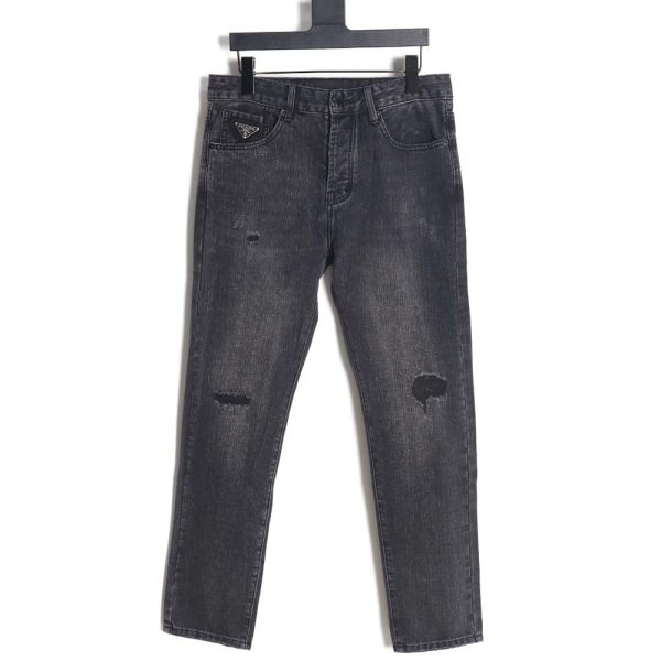 Prada 23Fw triangle logo and logo embroidered washed jeans