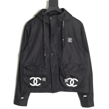 Chanel Embroidered Slogan Vintage Zipper Hooded Trench Coat