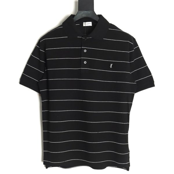 Saint Laurent YSL Logo Embroidered Striped Short Sleeve Polo Shirt