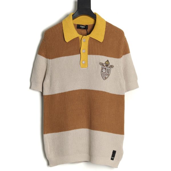 Fendi Badge Striped Jersey Short Sleeve Polo Shirt