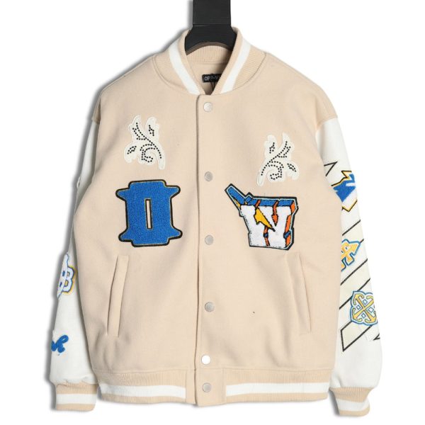 Off White Embroidered Rhinestone Baseball Jacket