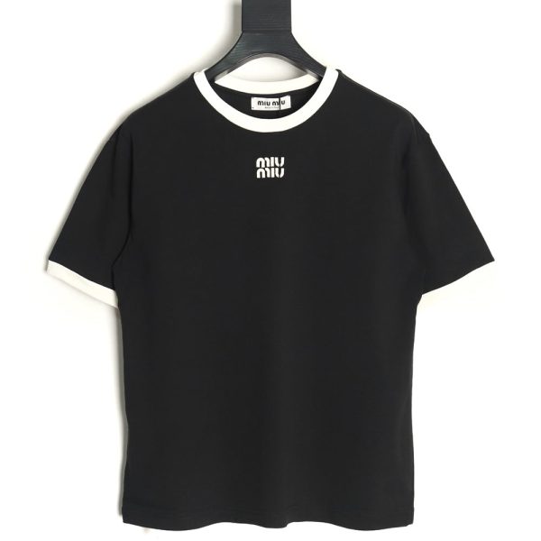 Miu Miu Contrast Collar Embroidered Logo Short Sleeve T-Shirt TSK1