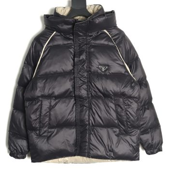 Prada metal triangle logo wide brim hooded down jacket