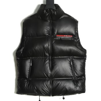 Prada red stripe logo down vest