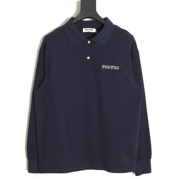 Miu Miu Lettering Embroidered Lapel Long Sleeve T-Shirt